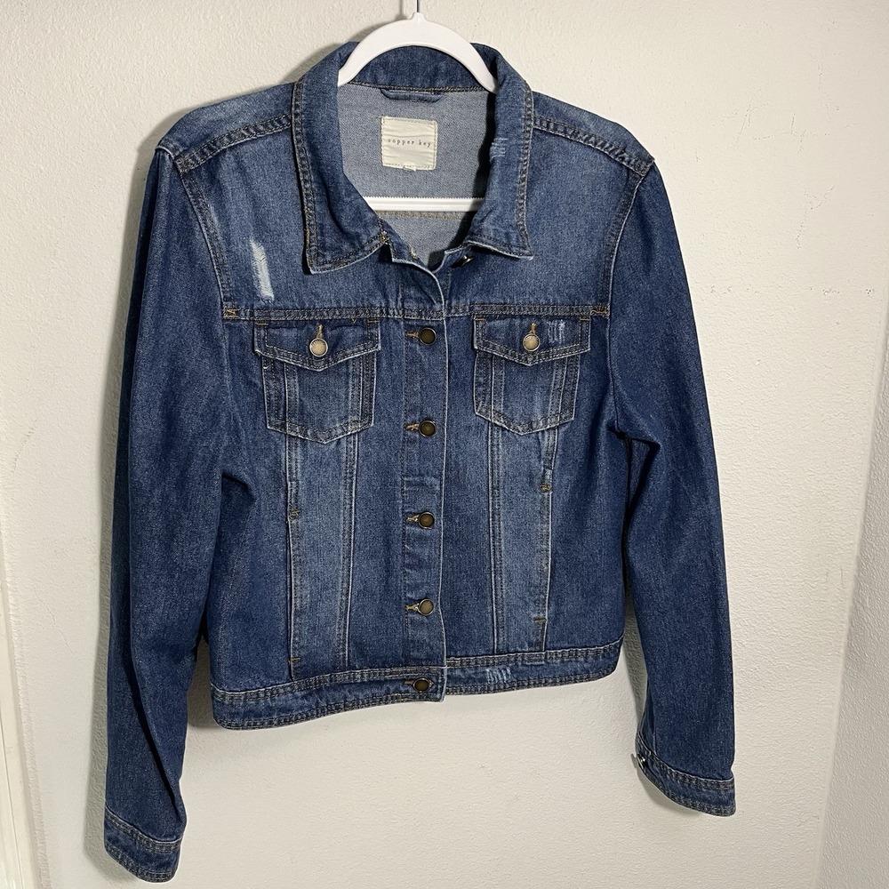 Copper Key Jean Jacket Women's XL Distressed Blue Denim Trucker Chore Coat